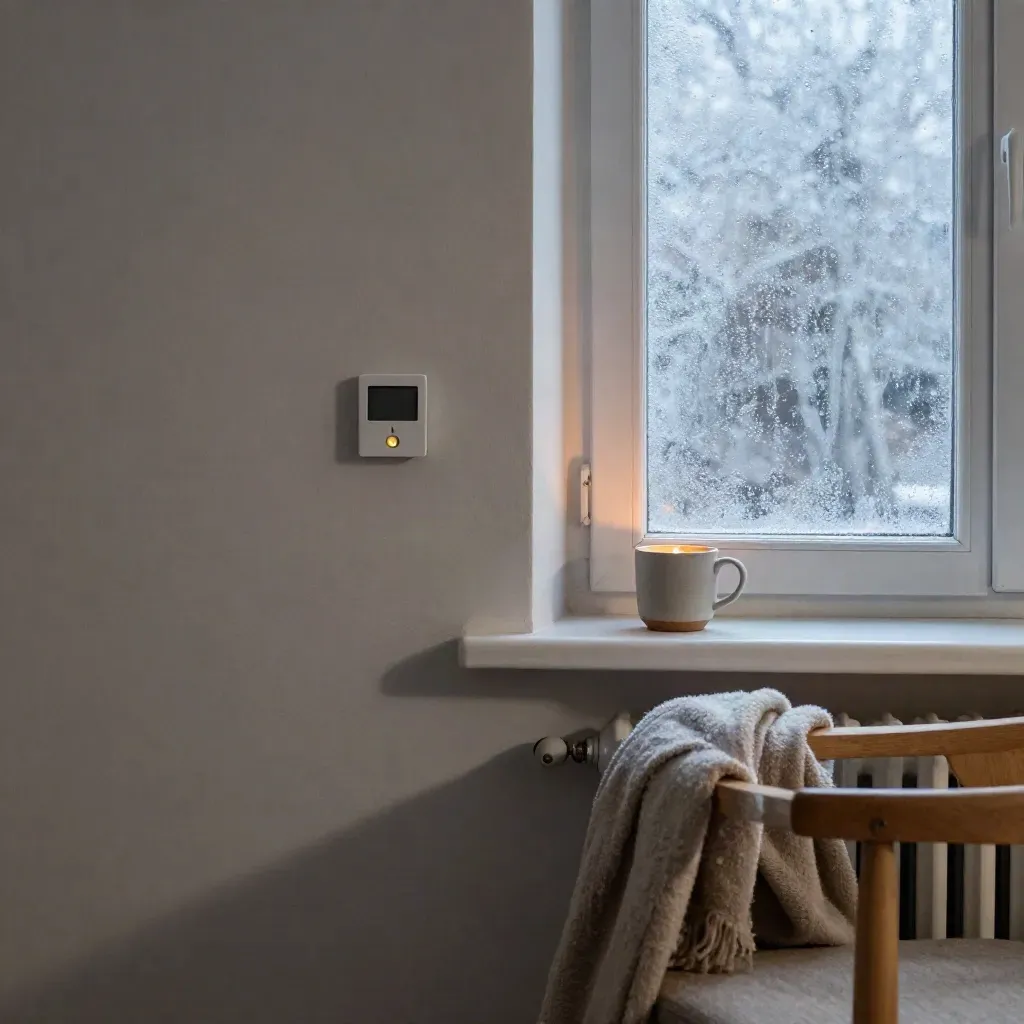 Lägenhetshörn i skymning med termostat, smartplugg, filt och mugg vid ett frostigt fönster.