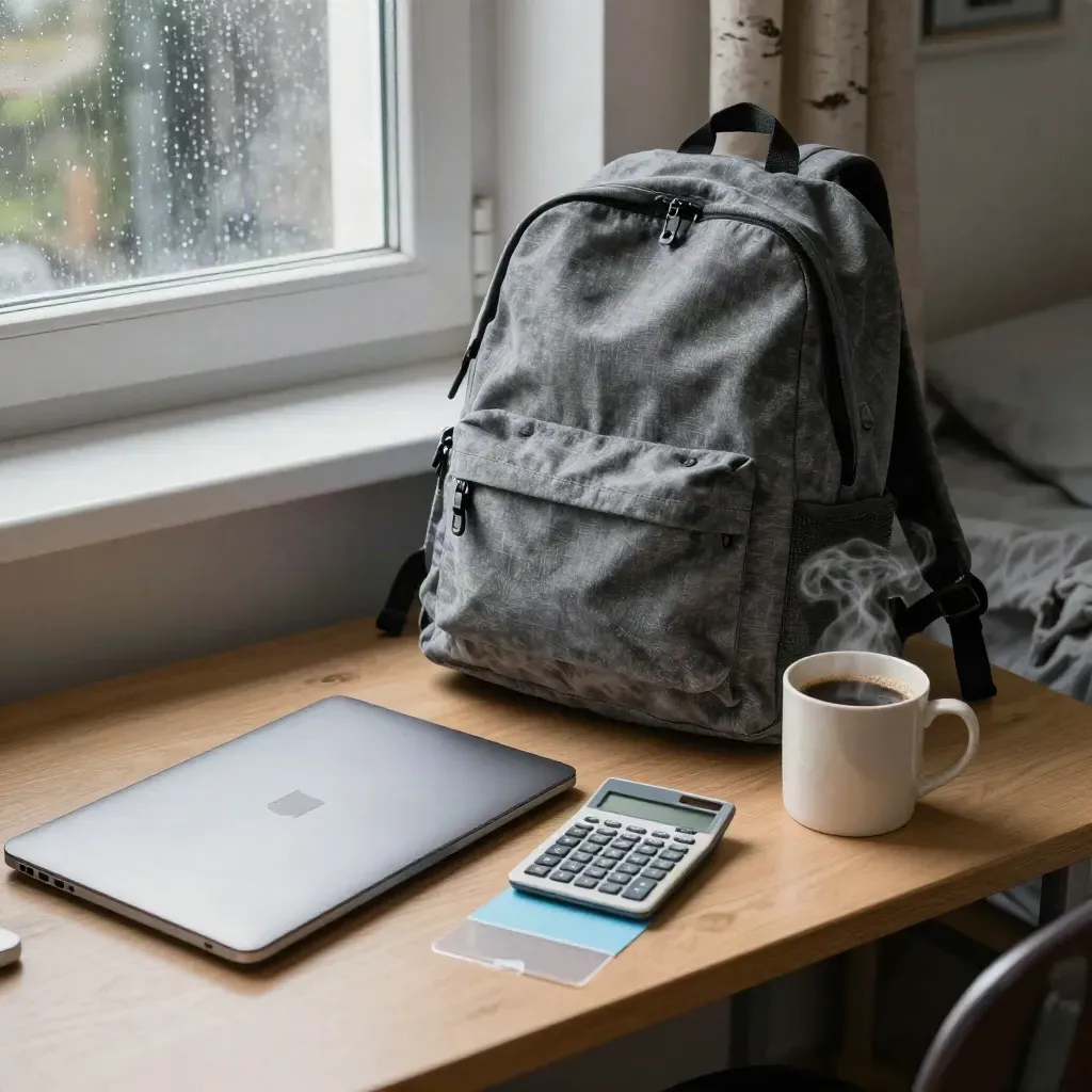 Ryggsäck, stängd laptop, miniräknare, passfodral och kaffe på ett studentrumsskrivbord.