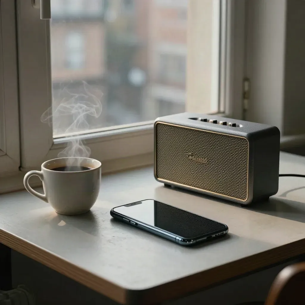 Smartphone, kaffekopp och liten radio på frukostbord vid fönster i morgonljus.